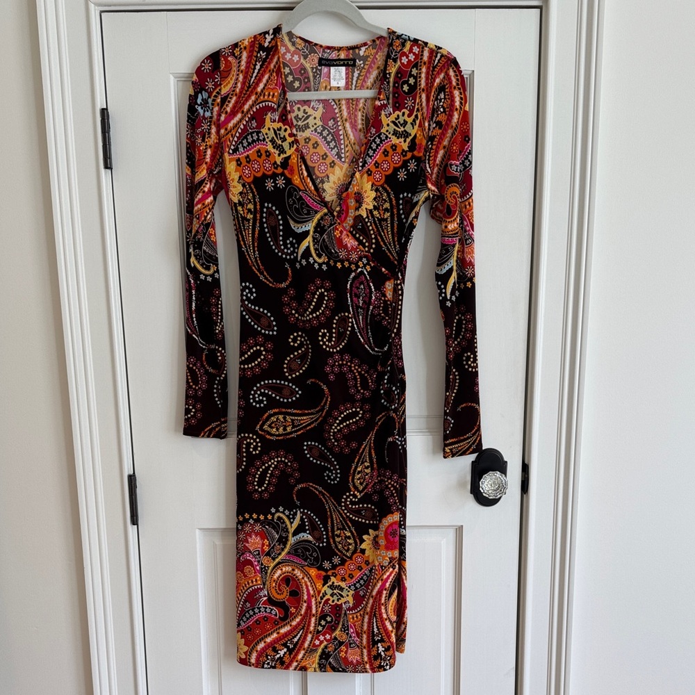 EVOVOYO | Paisley Wrap Dress | Long Sleeve Boho Bodycon | S